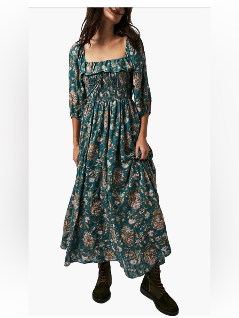 Free People Oasis Teal Floral Maxi Dress with Puff Sleeves Small